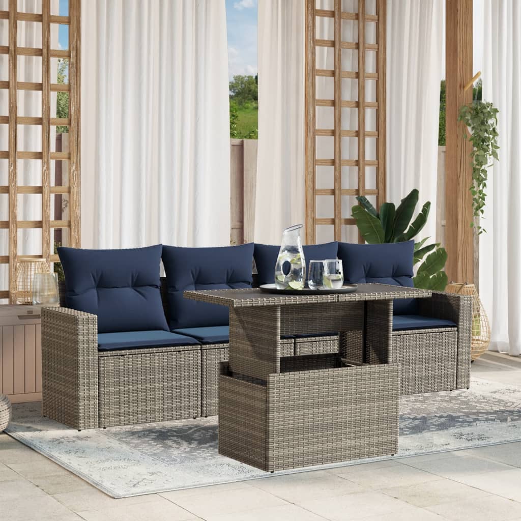 5-teiliges Gartensofa-Set mit Kissen, grau, Polyrattan