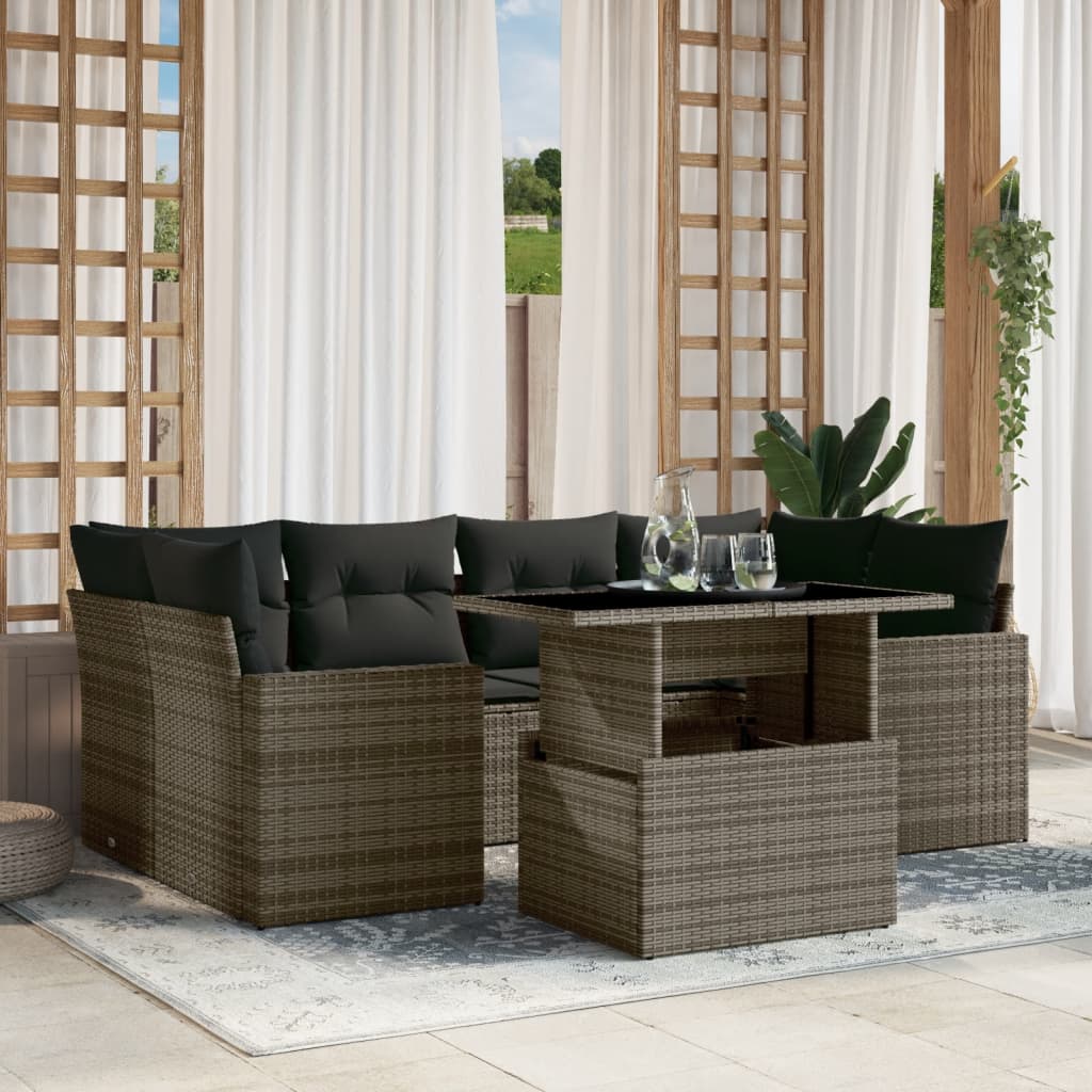 7-tlg. Garten-Sofagarnitur mit Kissen Grau Poly Rattan