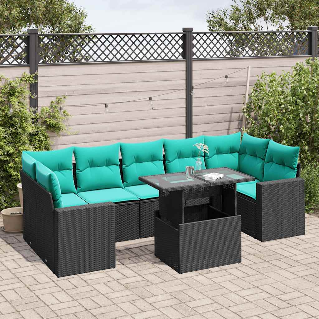 8-teiliges Gartensofa-Set mit Kissen, schwarzes Polyrattan