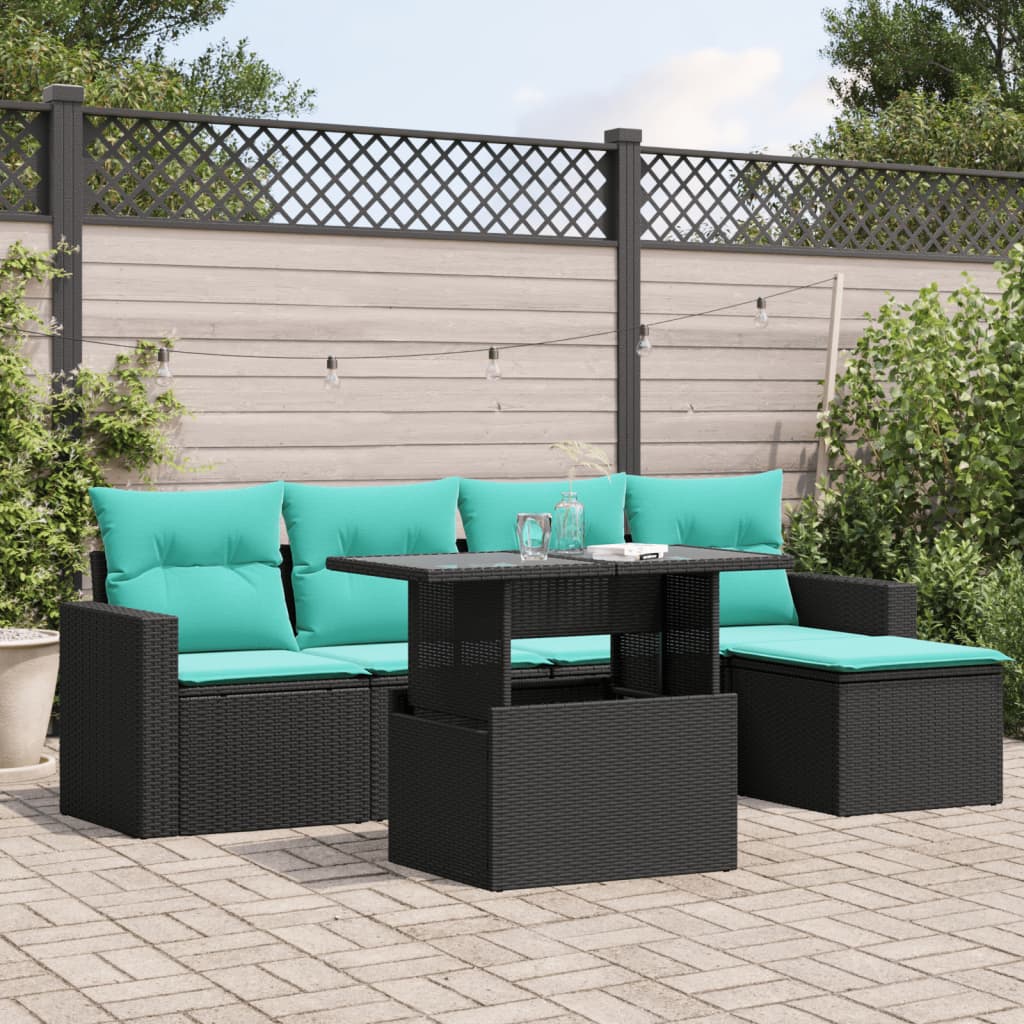 6-teiliges Gartensofa-Set mit Kissen, schwarzes Polyrattan