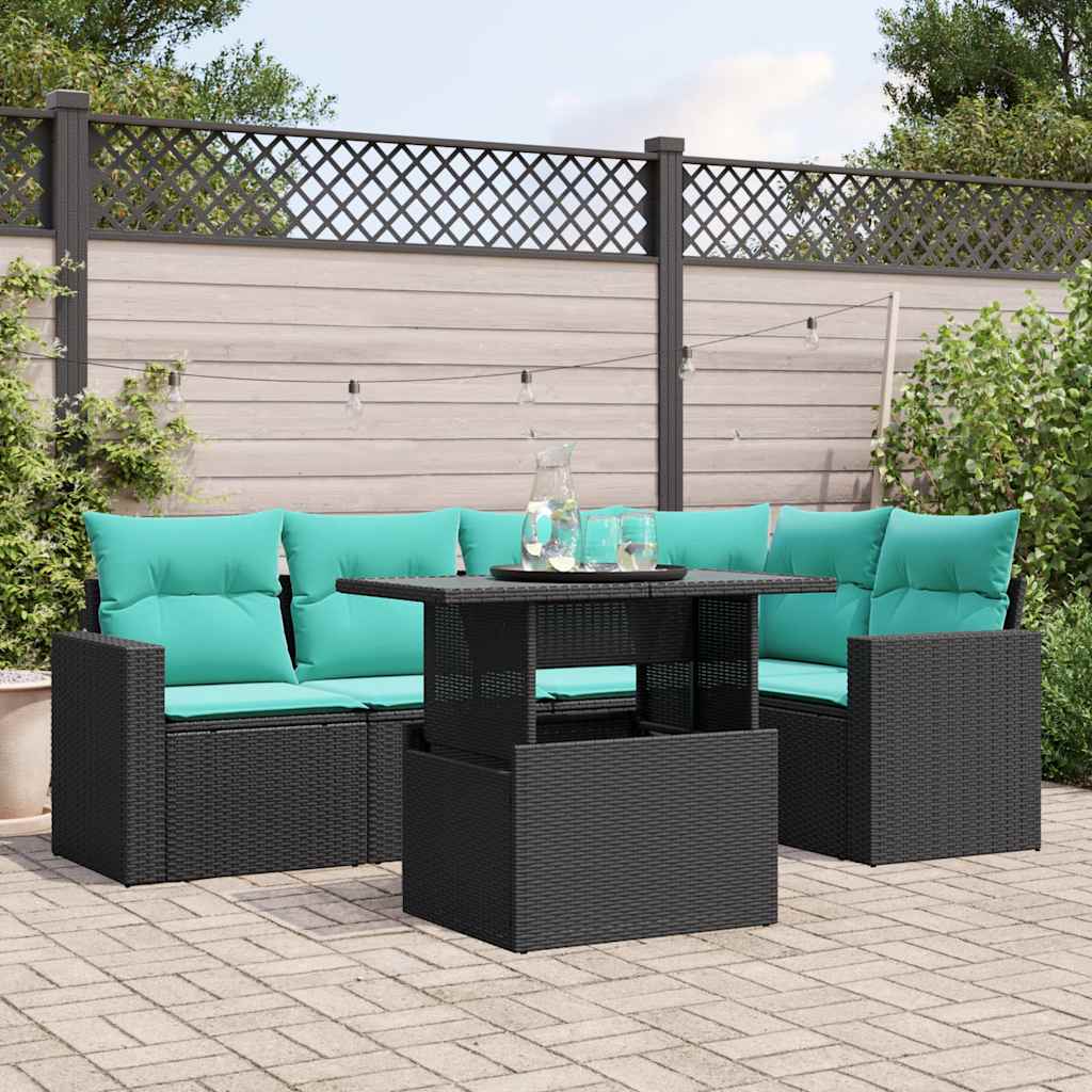 6-teiliges Gartensofa-Set mit Kissen, schwarzes Polyrattan