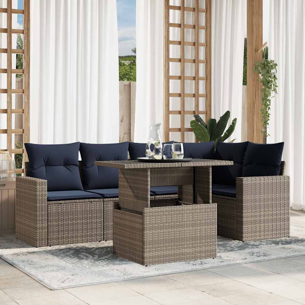 6-teiliges Gartensofa-Set mit Kissen, grau, Polyrattan