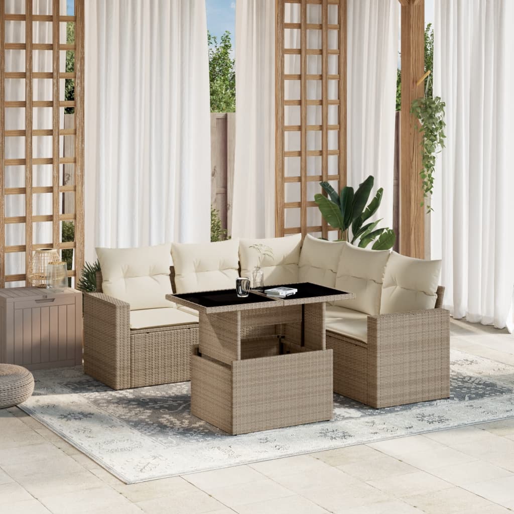 6-tlg. Garten-Sofagarnitur mit Kissen Beige Poly Rattan