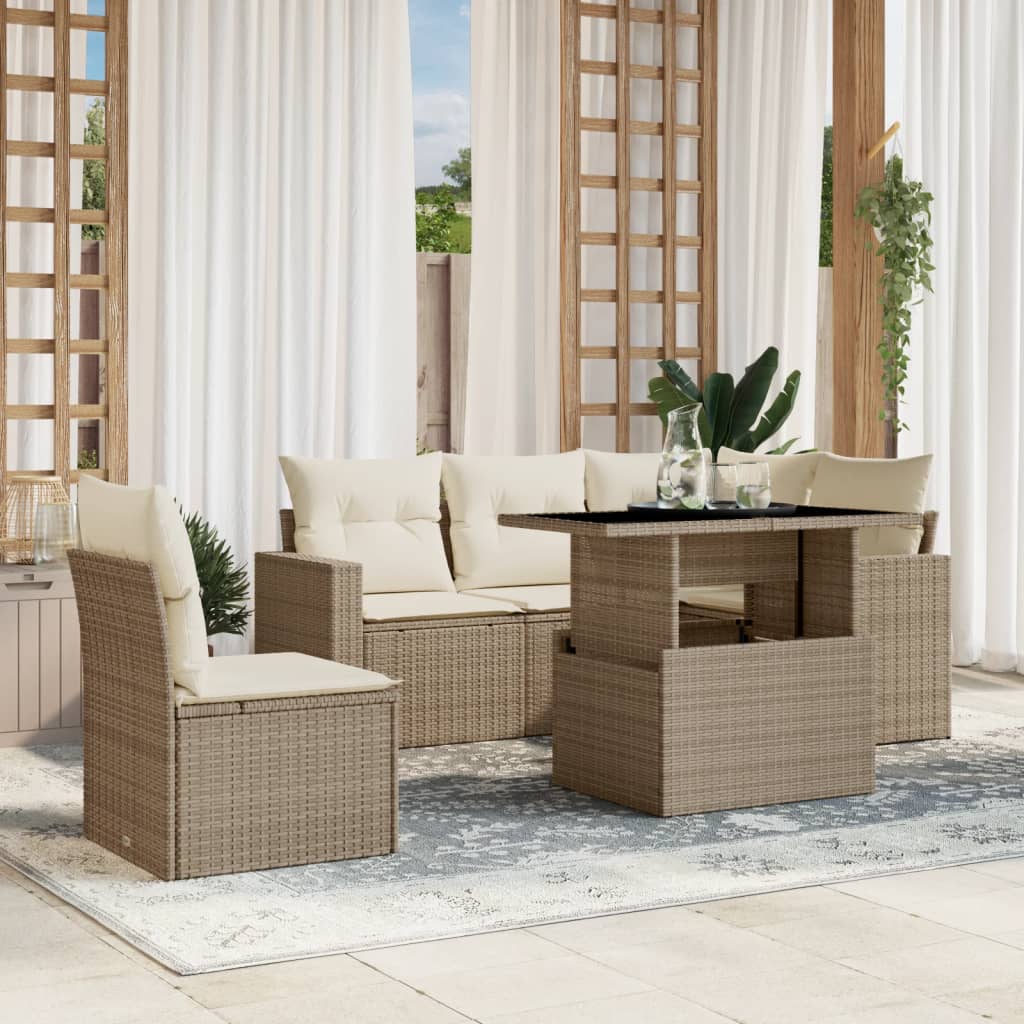 6-tlg. Garten-Sofagarnitur mit Kissen Beige Poly Rattan
