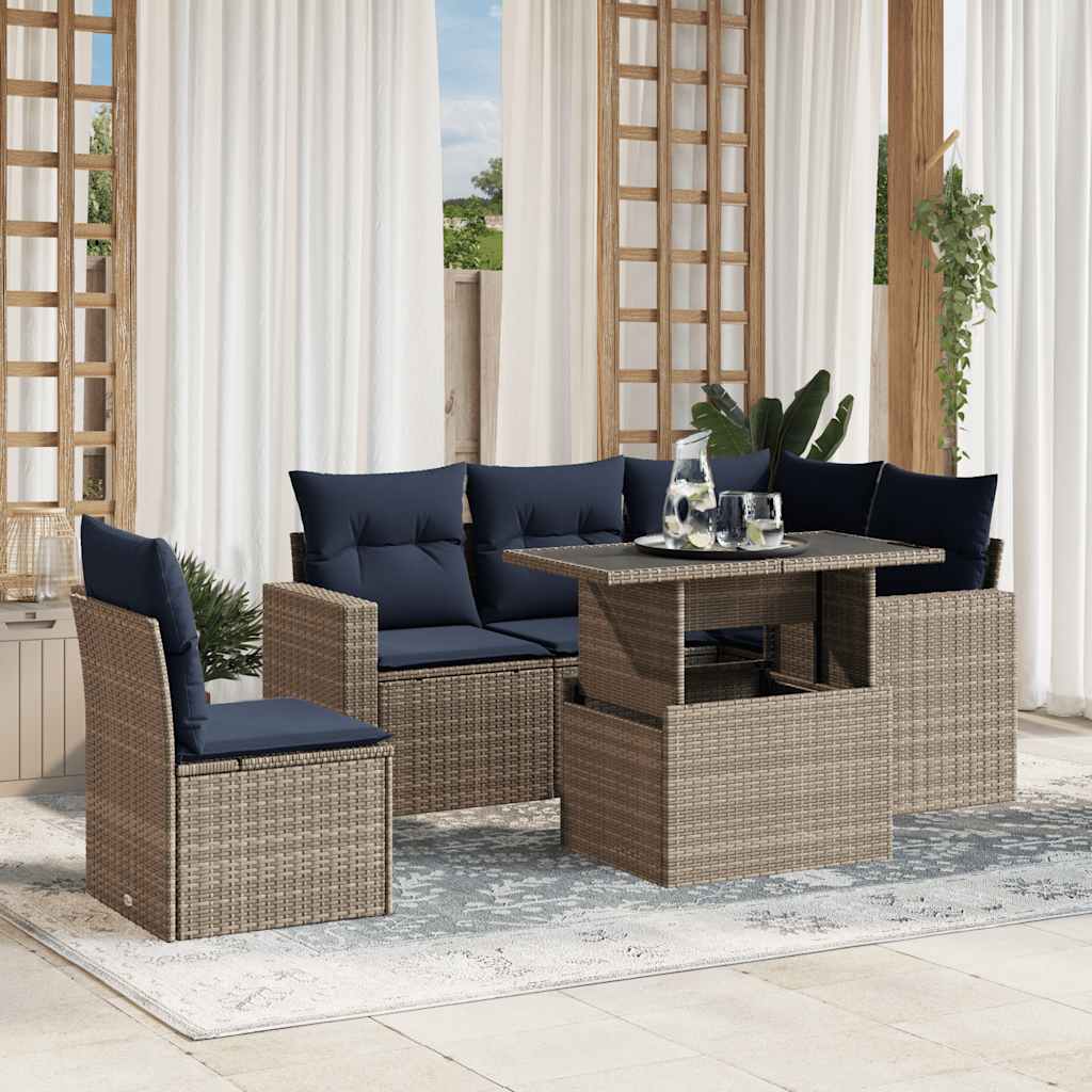 6-teiliges Gartensofa-Set mit Kissen, grau, Polyrattan