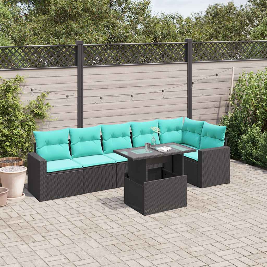 7-teiliges Gartensofa-Set mit Kissen, schwarzes Polyrattan