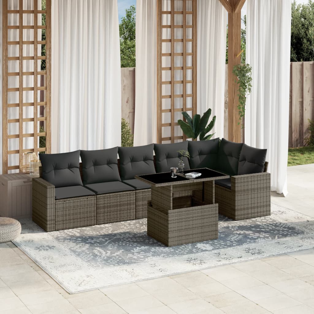7-tlg. Garten-Sofagarnitur mit Kissen Grau Poly Rattan