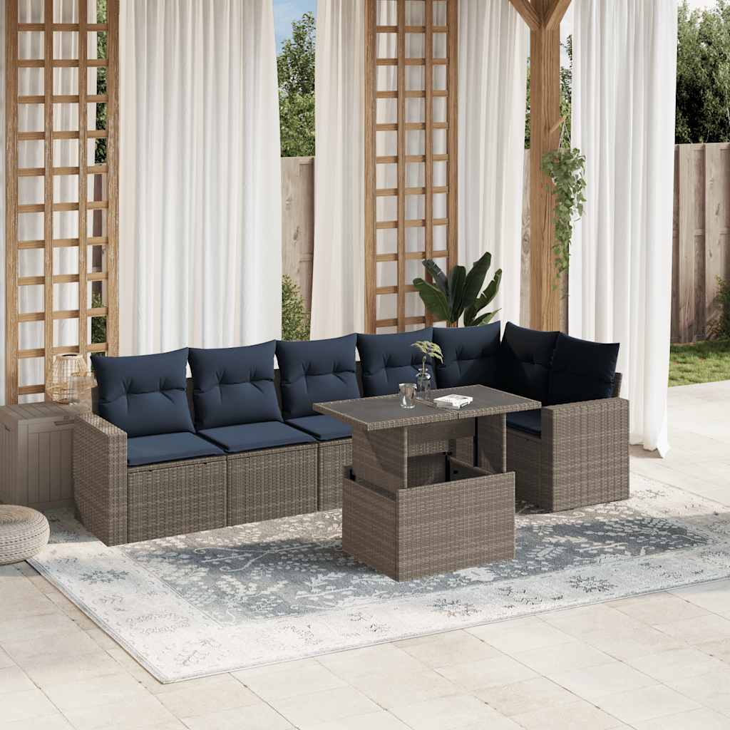 7-teiliges Gartensofa-Set mit Kissen, grau, Polyrattan
