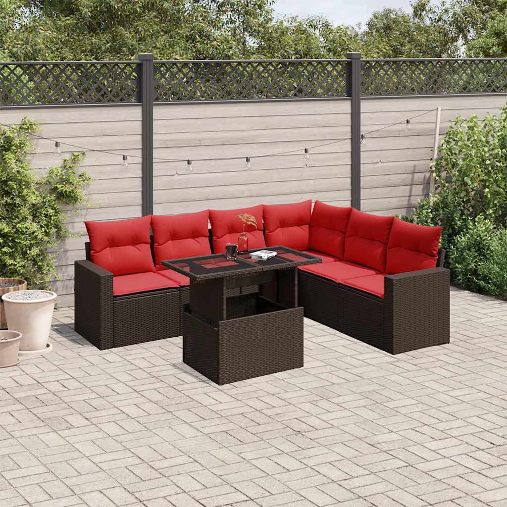 7-teiliges Gartensofa-Set mit Kissen, braun, Polyrattan