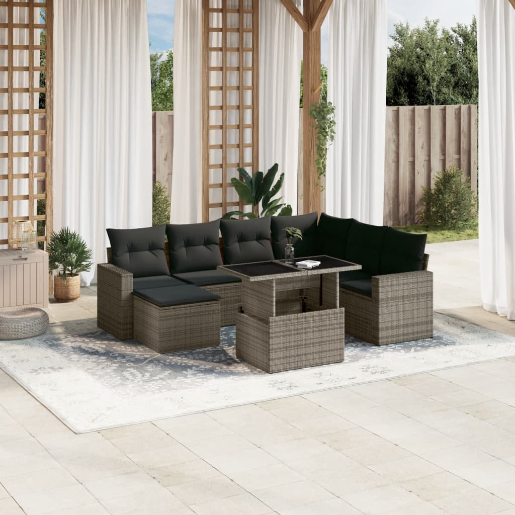 8-tlg. Garten-Sofagarnitur mit Kissen Grau Poly Rattan