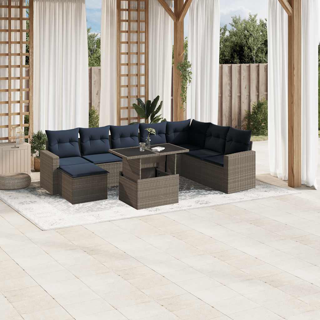 9-teiliges Gartensofa-Set mit Kissen, grau, Polyrattan