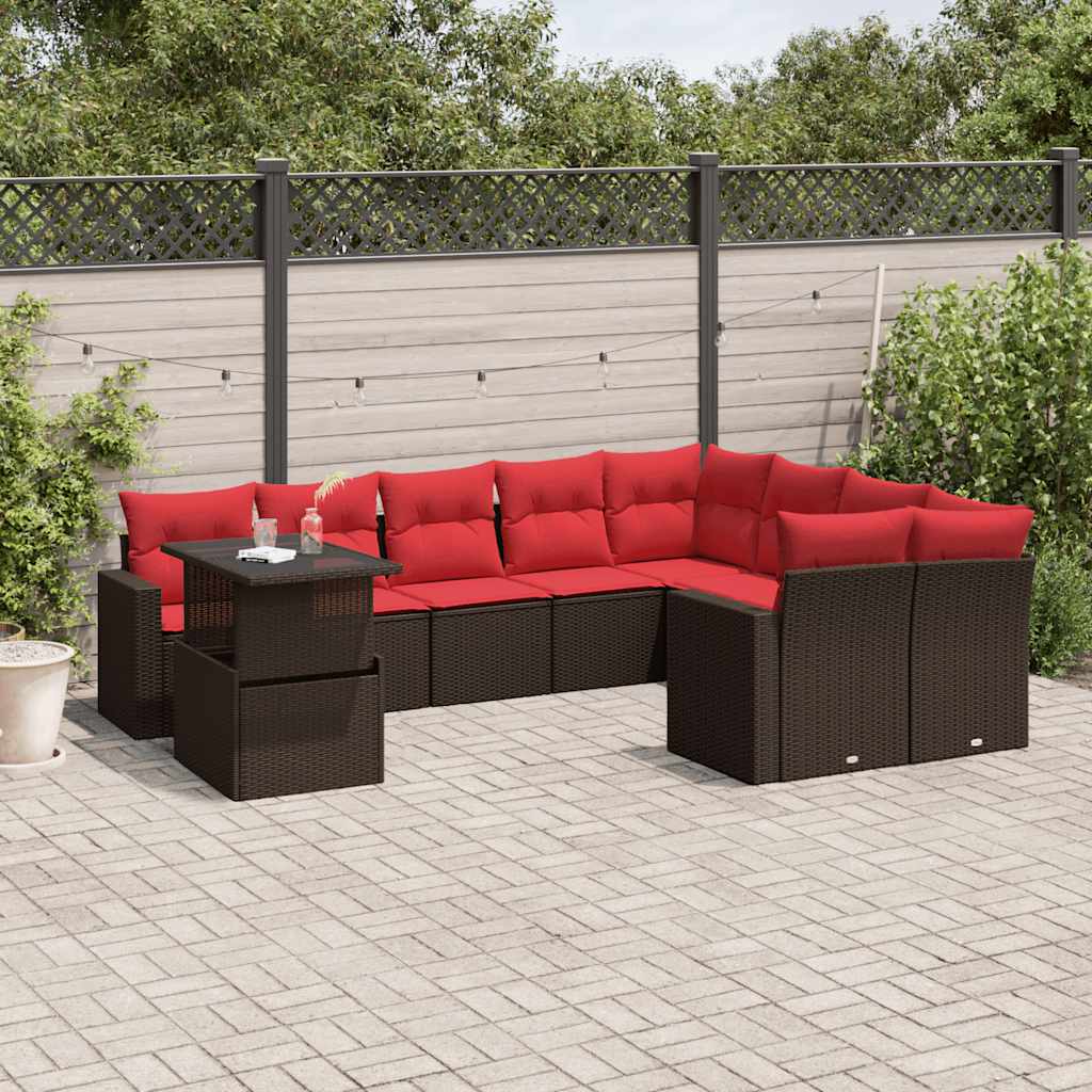 10-teiliges Gartensofa-Set mit Kissen, braun, Polyrattan