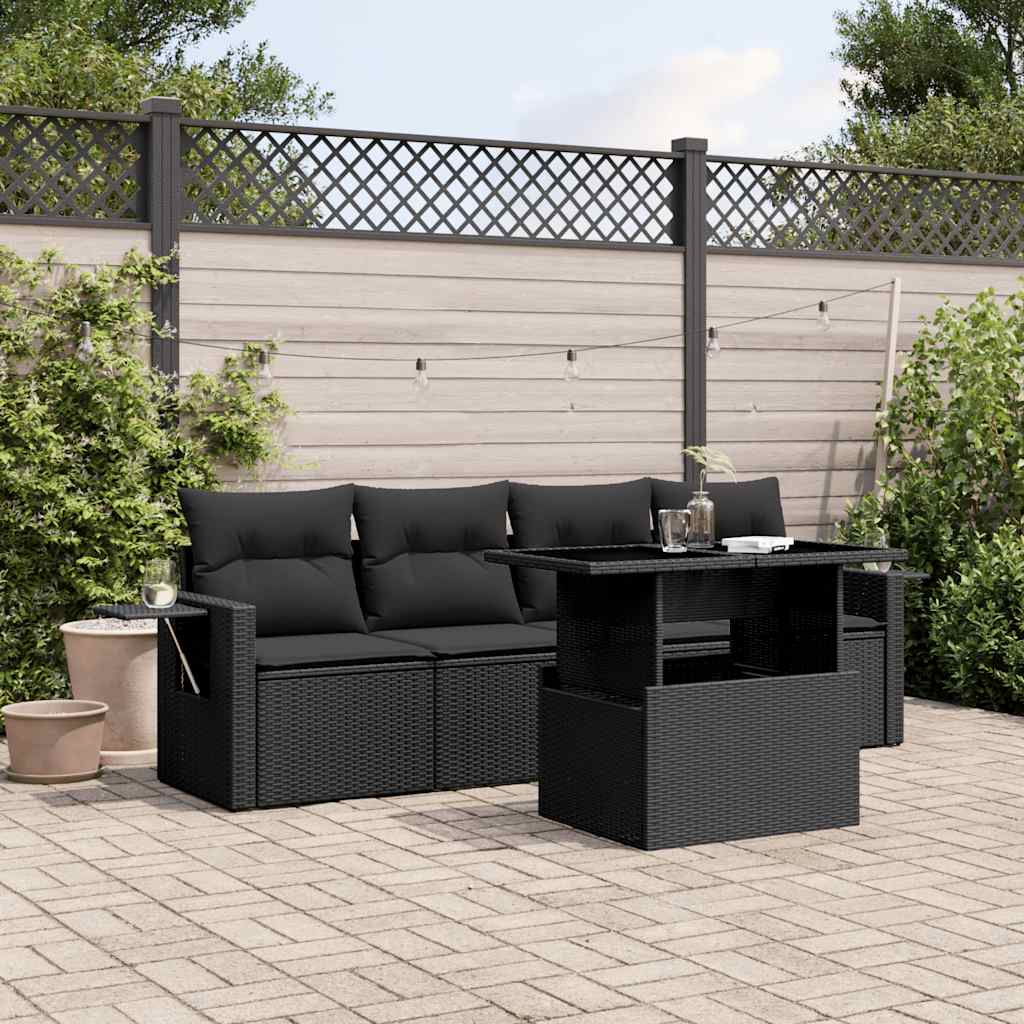 5-tlg. Garten-Sofagarnitur mit Kissen Schwarz Poly Rattan