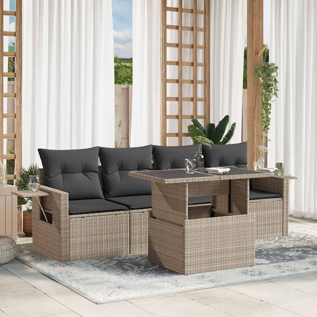 5-tlg. Garten-Sofagarnitur mit Kissen Hellgrau Poly Rattan