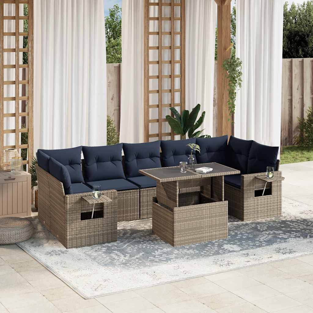 8-teiliges Gartensofa-Set mit Kissen, grau, Polyrattan