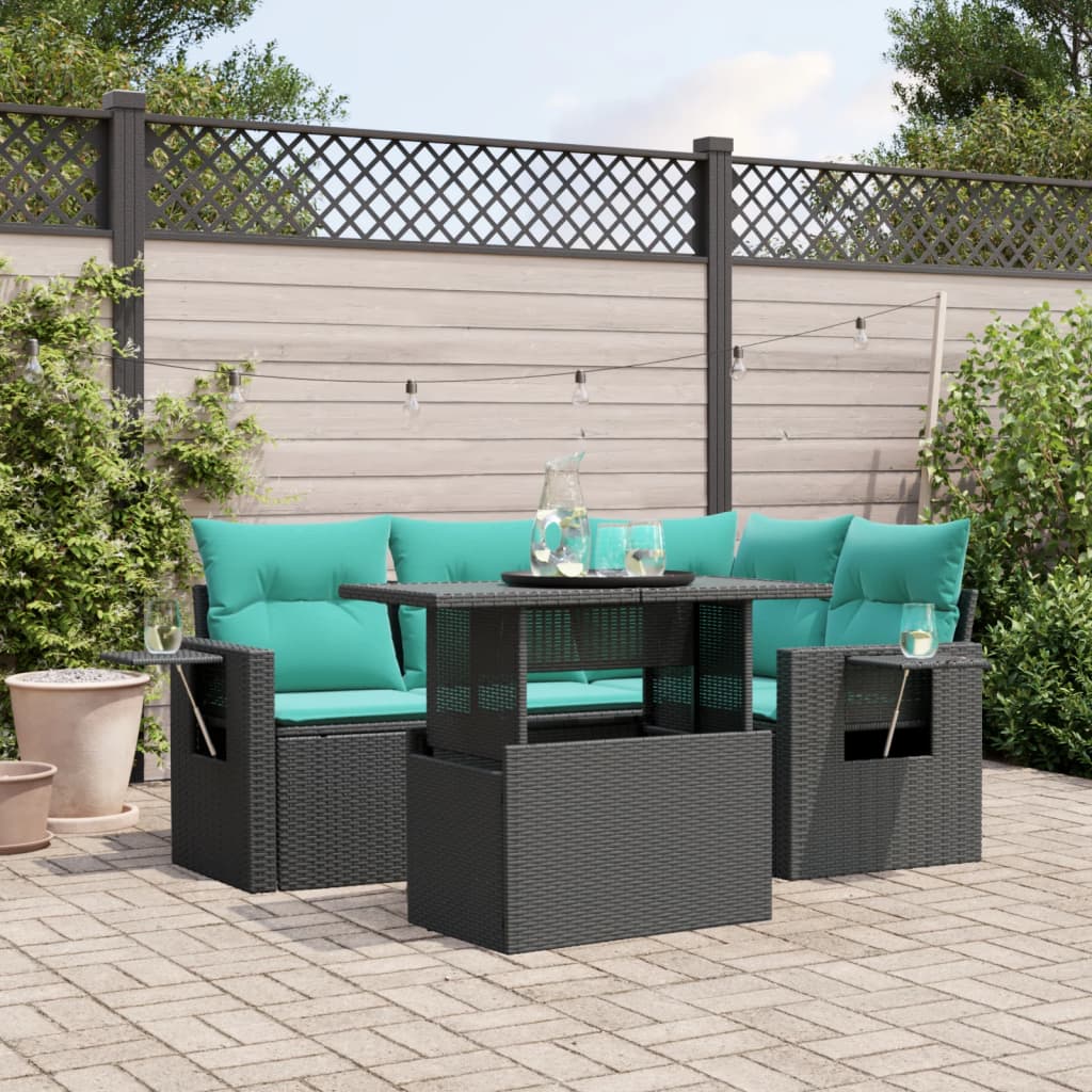 5-teiliges Gartensofa-Set mit Kissen, schwarzes Polyrattan