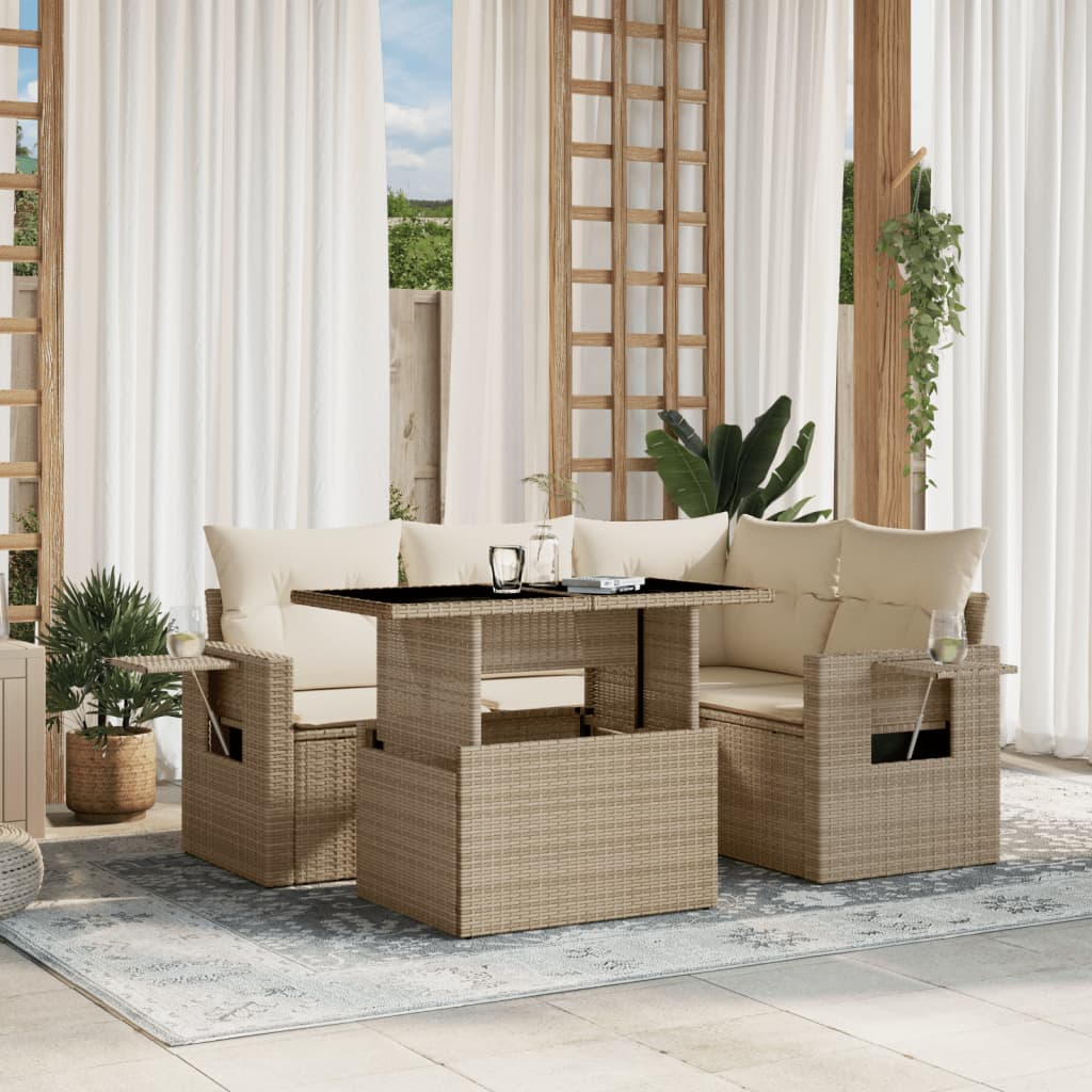 5-tlg. Garten-Sofagarnitur mit Kissen Beige Poly Rattan
