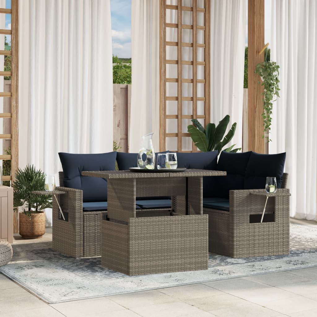 5-teiliges Gartensofa-Set mit Kissen, grau, Polyrattan