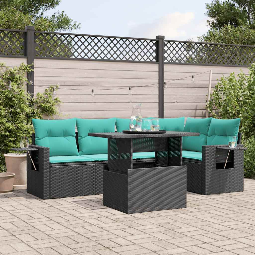 6-teiliges Gartensofa-Set mit Kissen, schwarzes Polyrattan