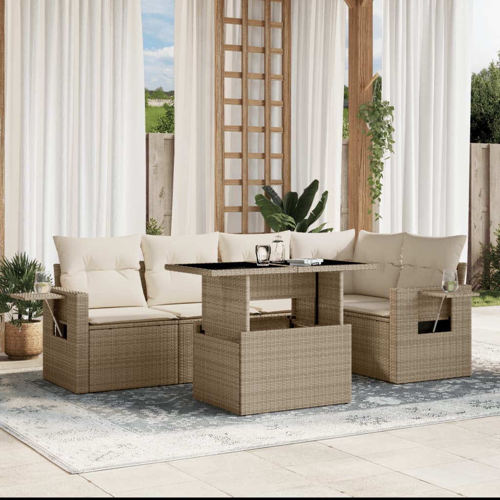 6-tlg. Garten-Sofagarnitur mit Kissen Beige Poly Rattan