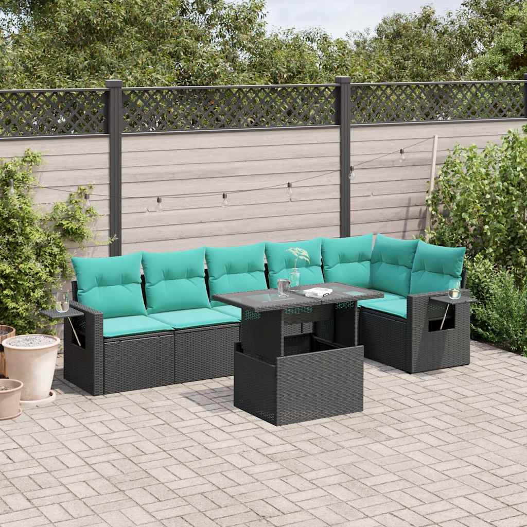 7-teiliges Gartensofa-Set mit Kissen, schwarzes Polyrattan