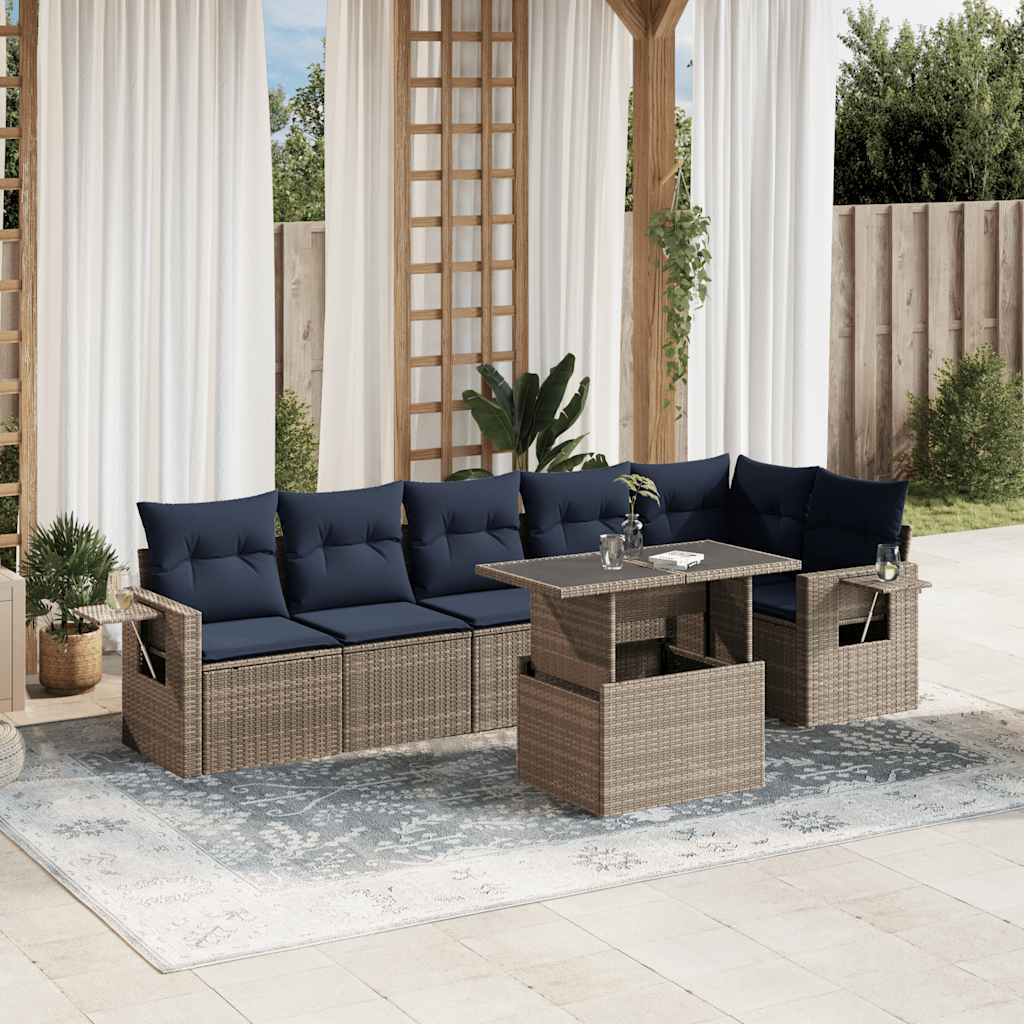 7-teiliges Gartensofa-Set mit Kissen, grau, Polyrattan