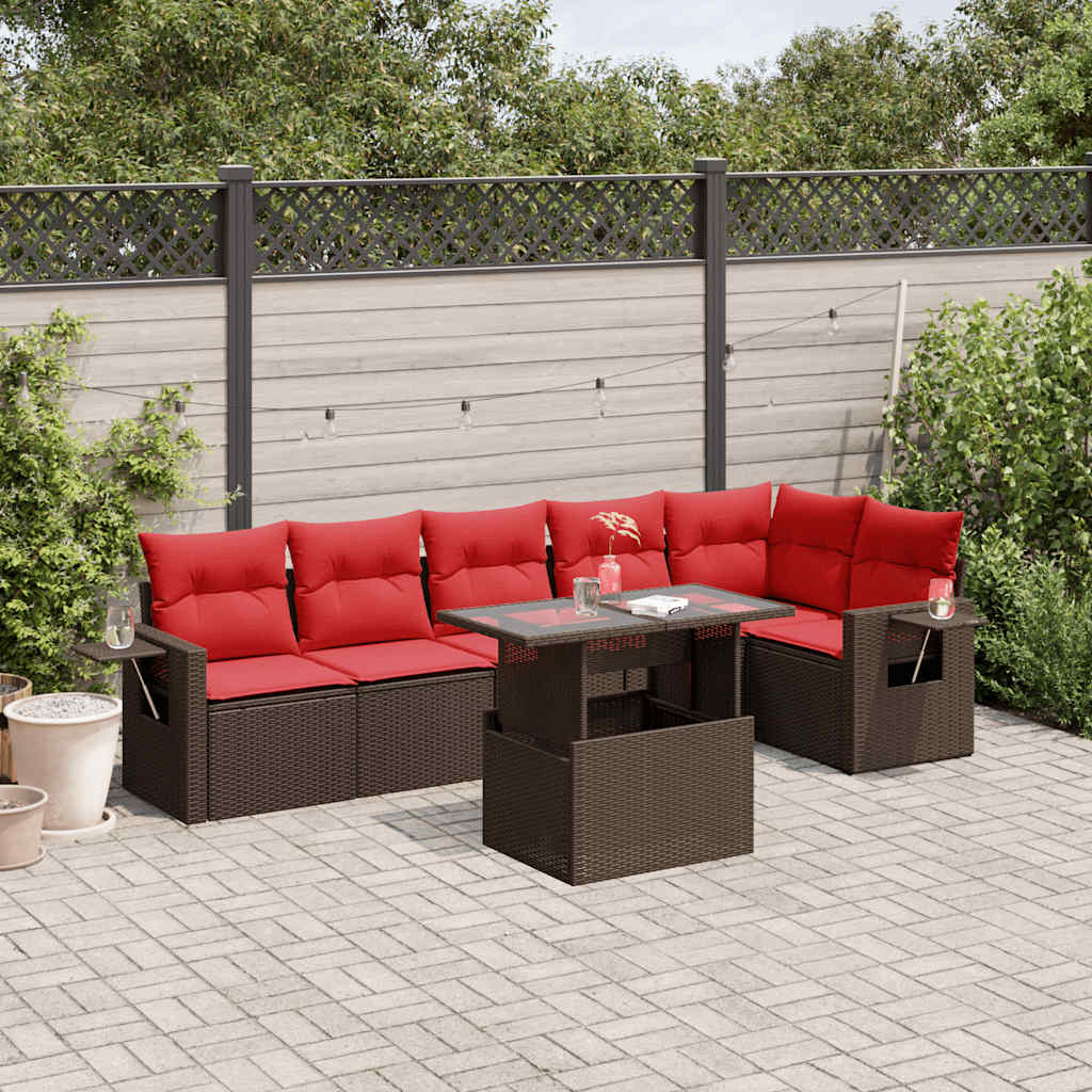 7-teiliges Gartensofa-Set mit Kissen, braun, Polyrattan