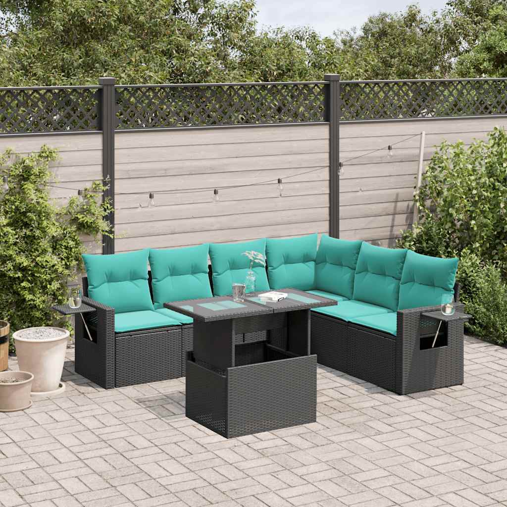 7-teiliges Gartensofa-Set mit Kissen, schwarzes Polyrattan