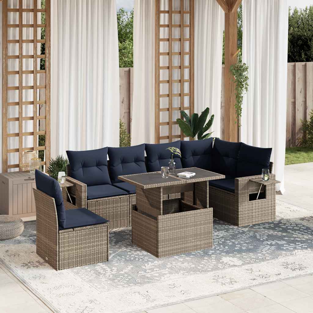 7-teiliges Gartensofa-Set mit Kissen, grau, Polyrattan