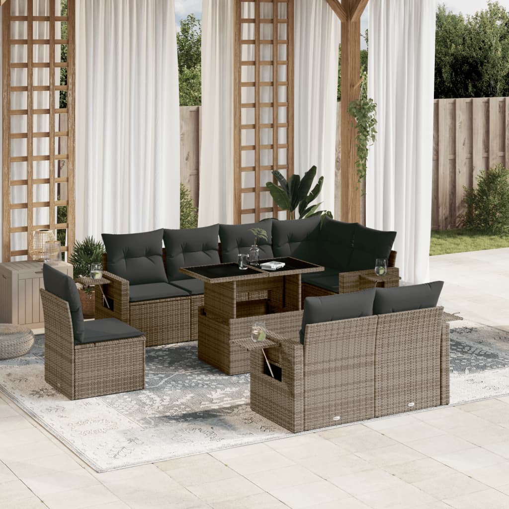 9-tlg. Garten-Sofagarnitur mit Kissen Grau Poly Rattan