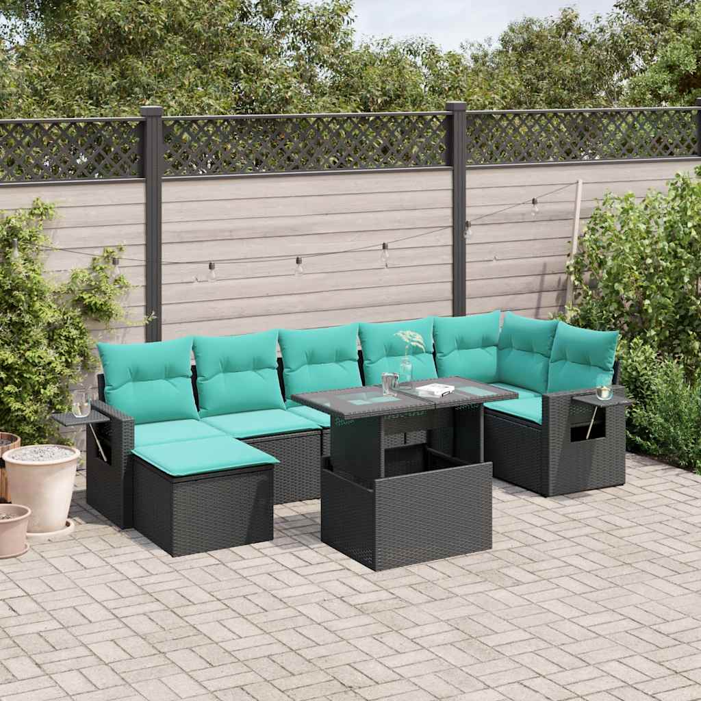 8-teiliges Gartensofa-Set mit Kissen, schwarzes Polyrattan