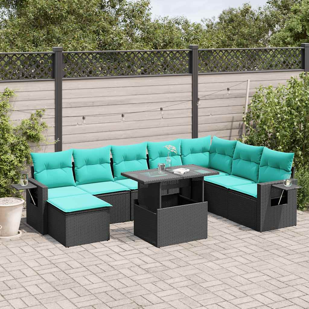 9-teiliges Gartensofa-Set mit Kissen, schwarzes Polyrattan