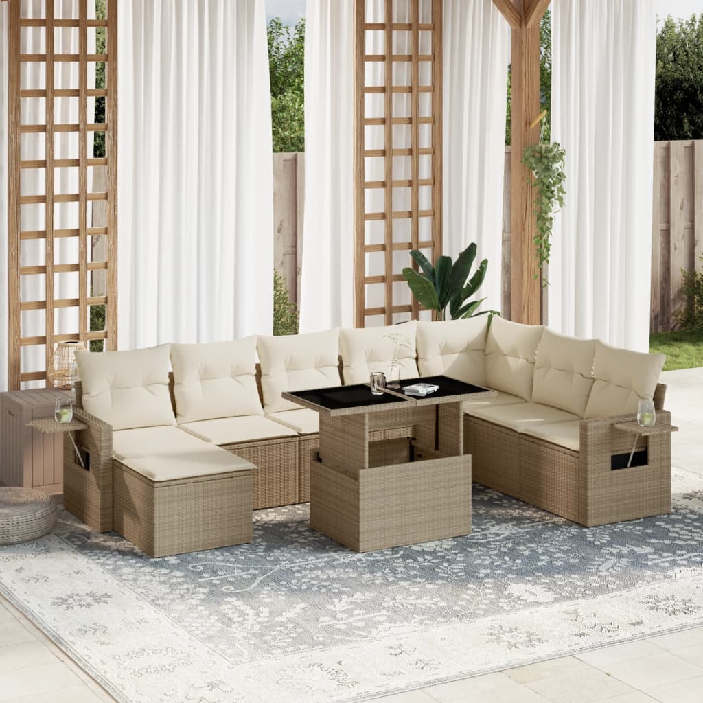 9-tlg. Garten-Sofagarnitur mit Kissen Beige Poly Rattan