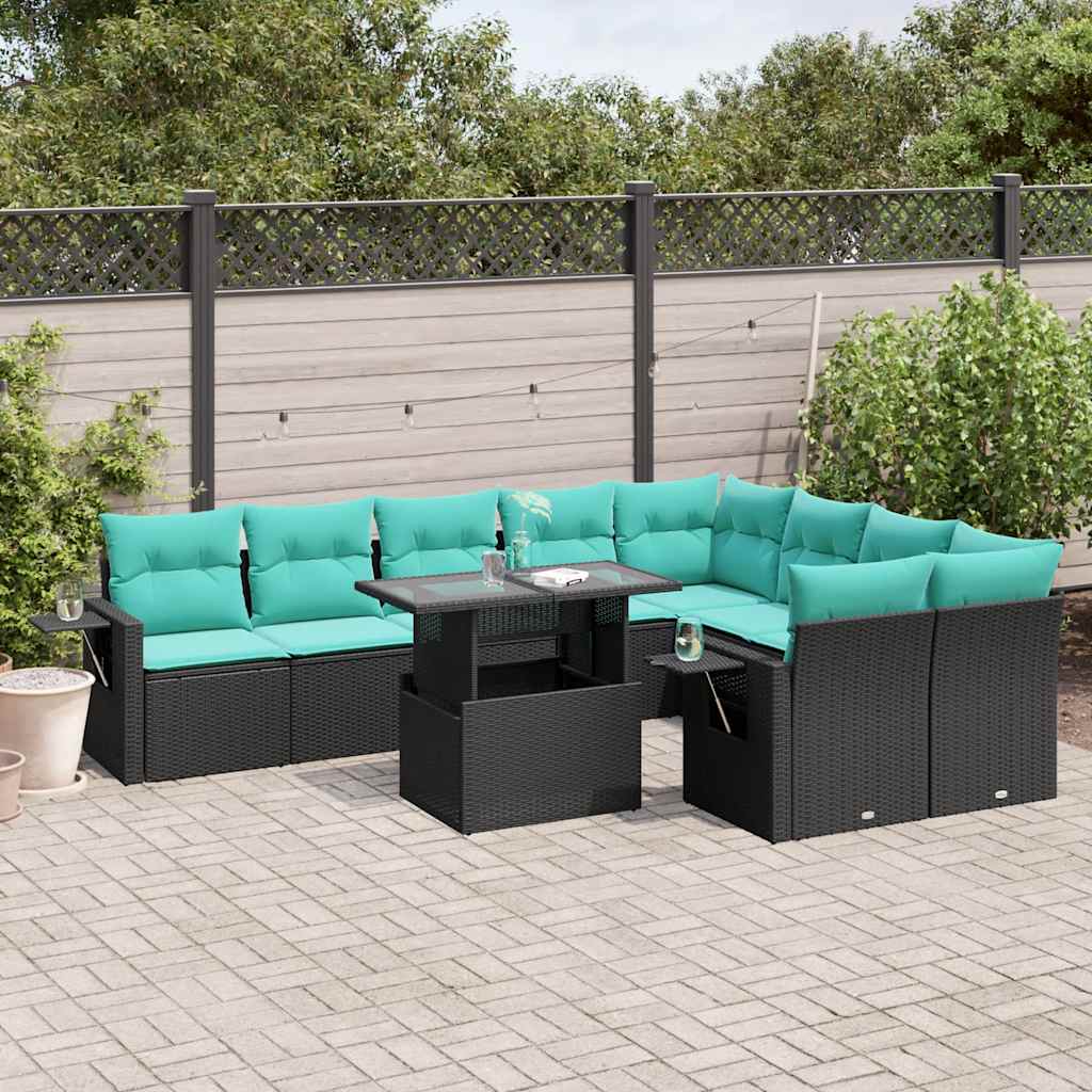 10-teiliges Gartensofa-Set mit Kissen, schwarzes Polyrattan