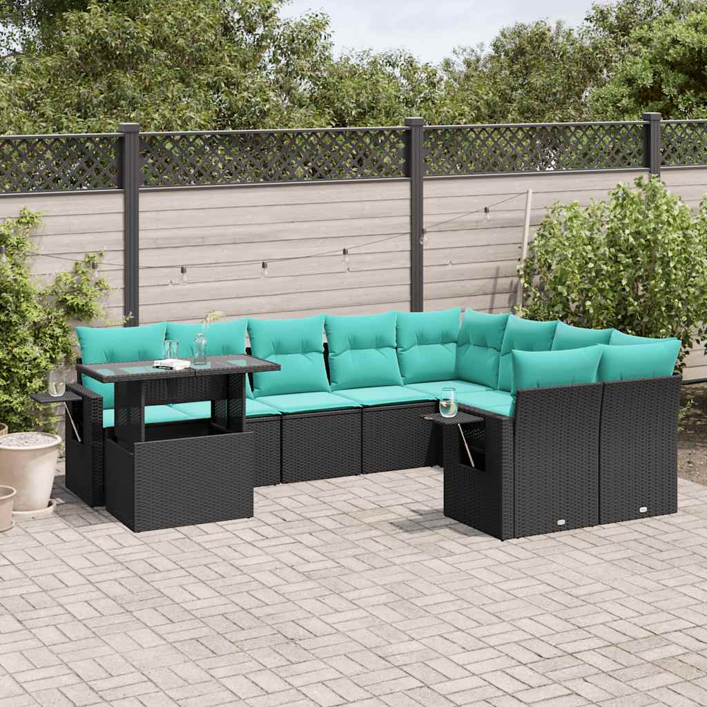 10-teiliges Gartensofa-Set mit Kissen, schwarzes Polyrattan