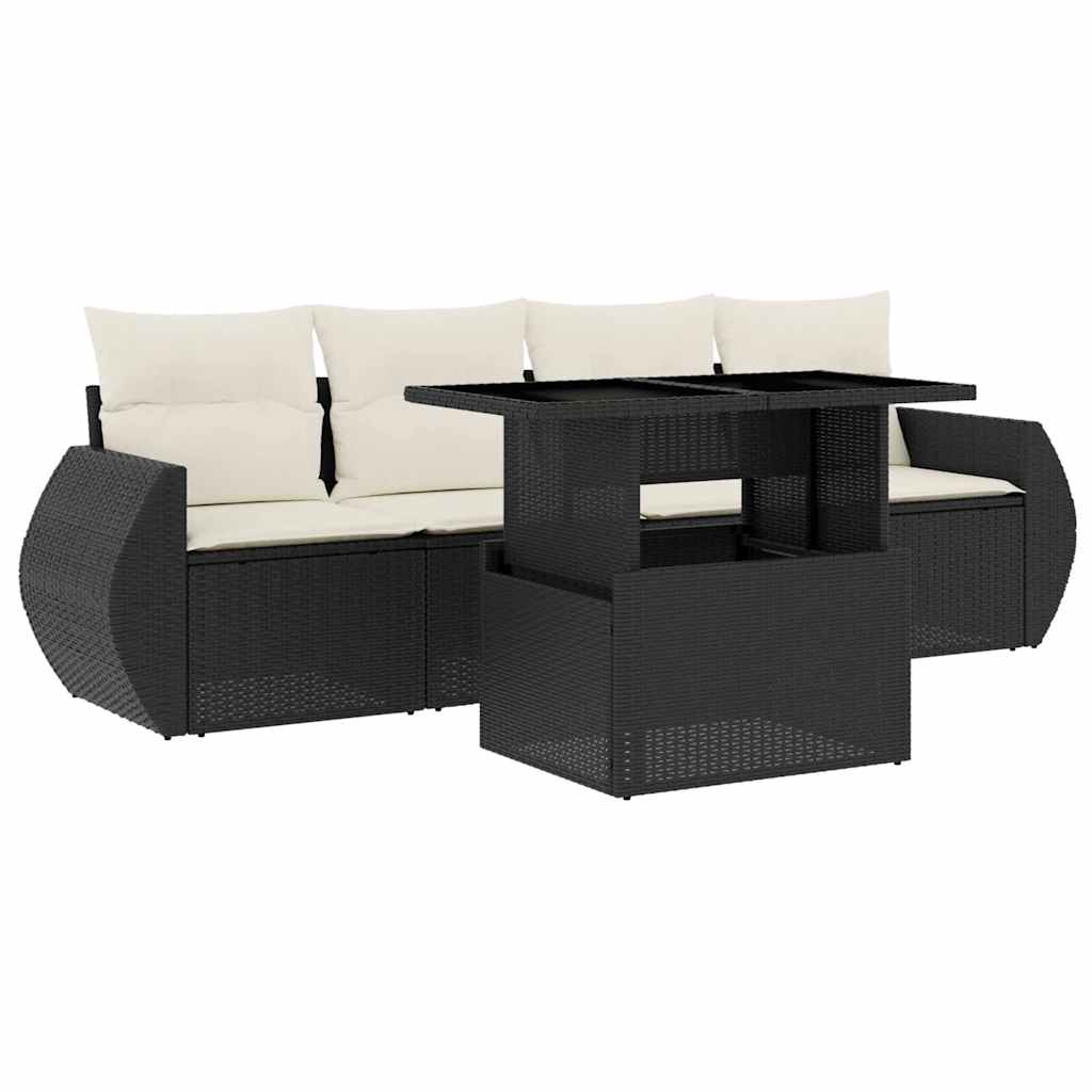 5-tlg. Garten-Sofagarnitur mit Kissen Schwarz Poly Rattan