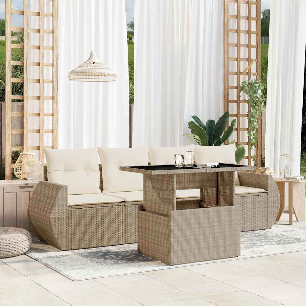 5-tlg. Garten-Sofagarnitur mit Kissen Beige Poly Rattan
