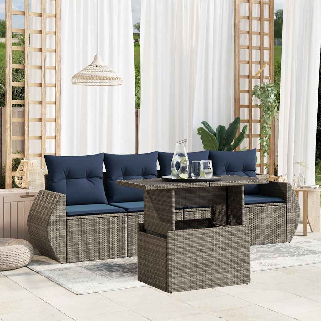 5-teiliges Gartensofa-Set mit Kissen, grau, Polyrattan