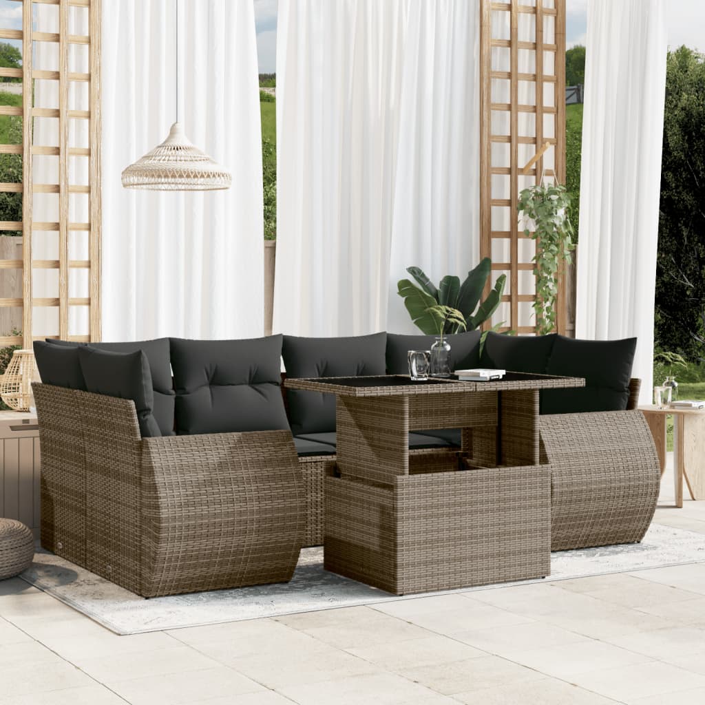 7-tlg. Garten-Sofagarnitur mit Kissen Grau Poly Rattan