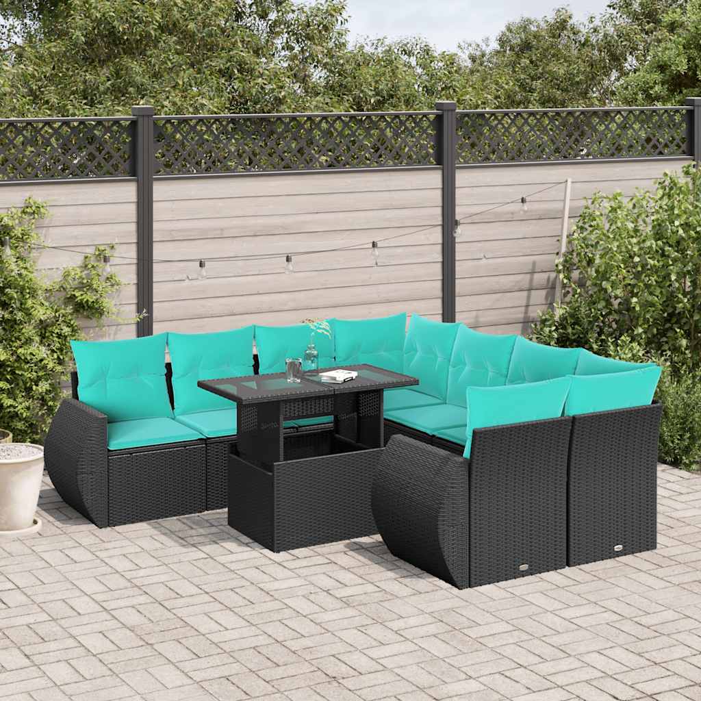 9-teiliges Gartensofa-Set mit Kissen, schwarzes Polyrattan