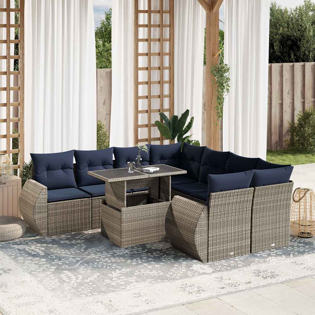 9-teiliges Gartensofa-Set mit Kissen, grau, Polyrattan