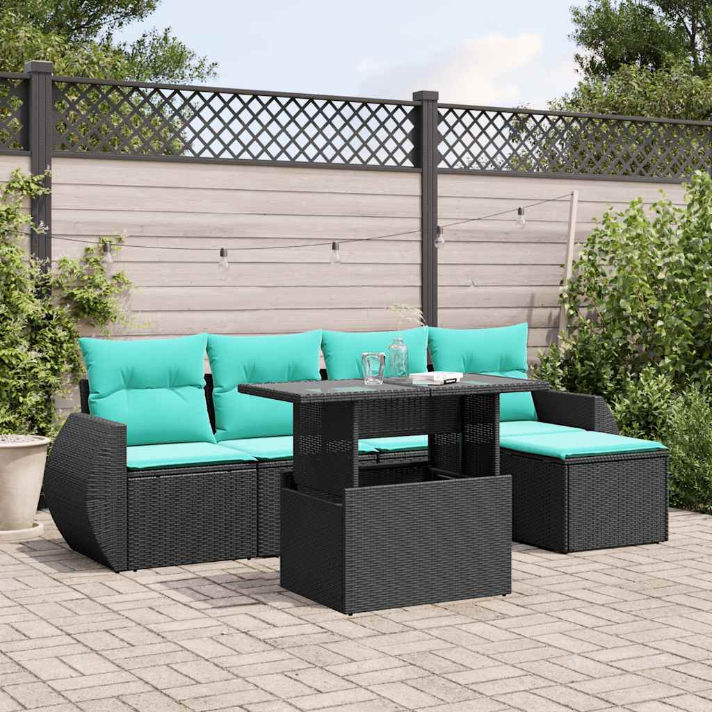 6-teiliges Gartensofa-Set mit Kissen, schwarzes Polyrattan