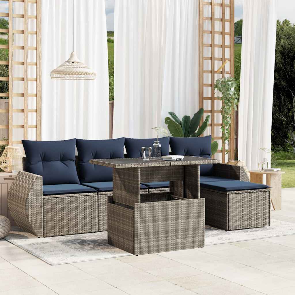 6-teiliges Gartensofa-Set mit Kissen, grau, Polyrattan