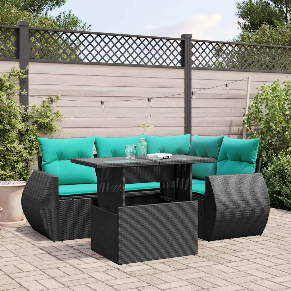 5-teiliges Gartensofa-Set mit Kissen, schwarzes Polyrattan