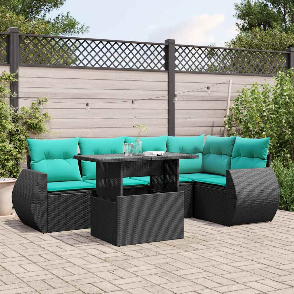 6-teiliges Gartensofa-Set mit Kissen, schwarzes Polyrattan