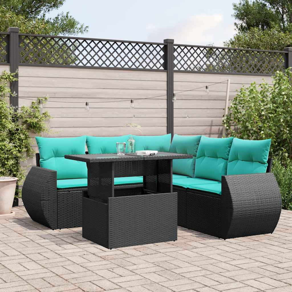 6-teiliges Gartensofa-Set mit Kissen, schwarzes Polyrattan