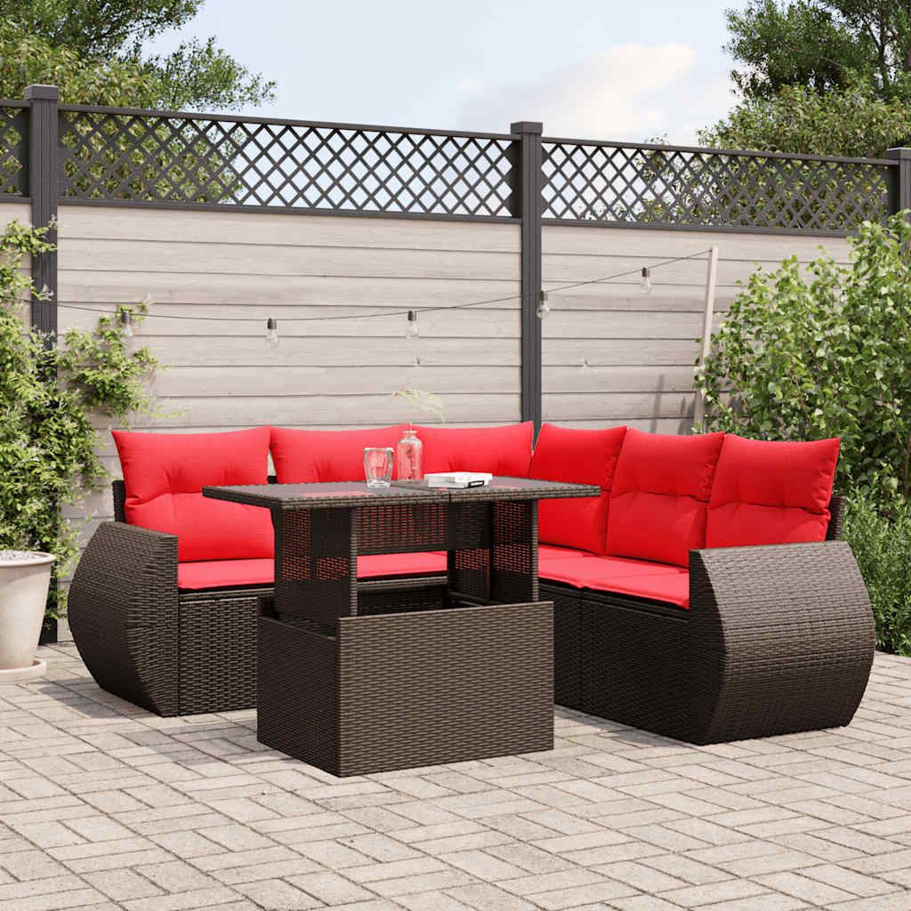 6-teiliges Gartensofa-Set mit Kissen, braun, Polyrattan