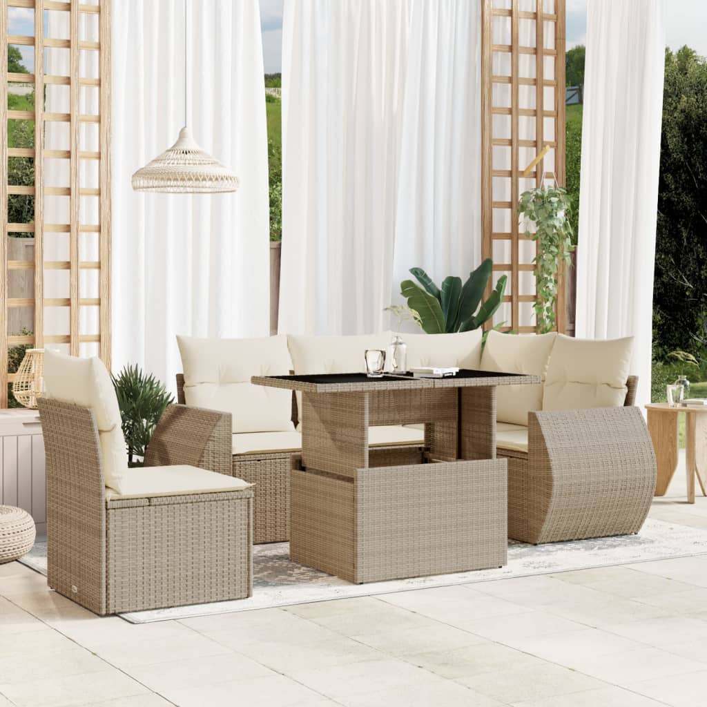 6-tlg. Garten-Sofagarnitur mit Kissen Beige Poly Rattan