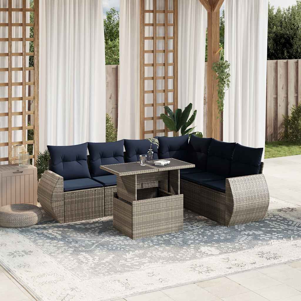 7-teiliges Gartensofa-Set mit Kissen, grau, Polyrattan