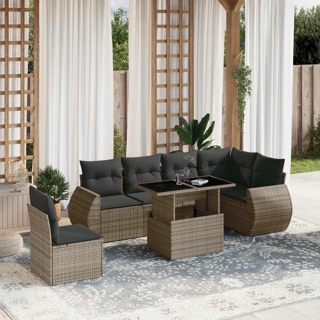 7-tlg. Garten-Sofagarnitur mit Kissen Grau Poly Rattan